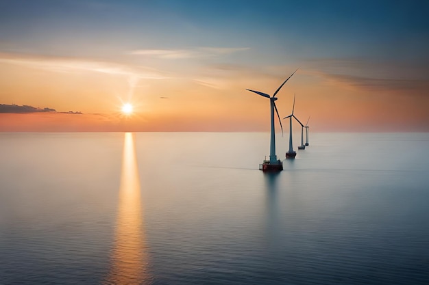 Turbinas eólicas no oceano com o sol se pondo atrás delas