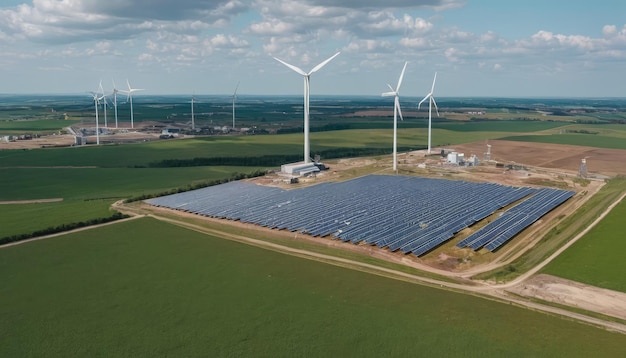Turbinas eólicas y paneles solares modernos luz al atardecer Concepto de energía renovable ecológica verde