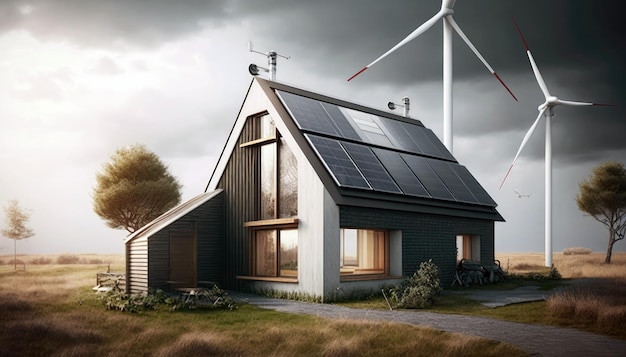 Turbinas eólicas perto de uma casa de dois andares com IA generativa de painéis solares