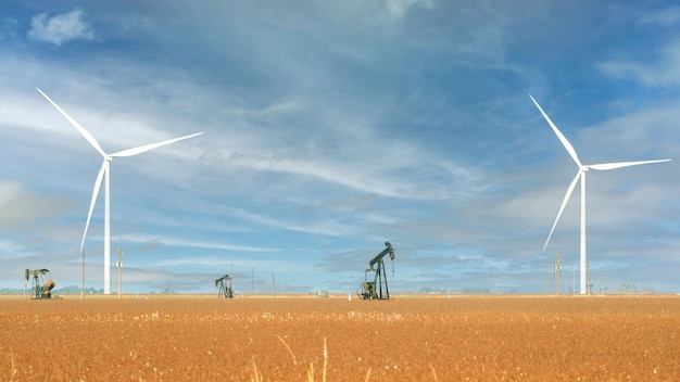 Turbinas eólicas y plataformas petrolíferas Pump Jack en el desierto de Texas.