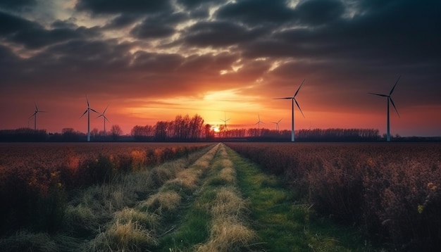 Foto turbinas eólicas seguidas girando hélices amarelas ao entardecer geradas por ia