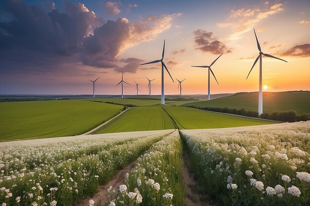 Turbinas eólicas sobre campos en flor al atardecer