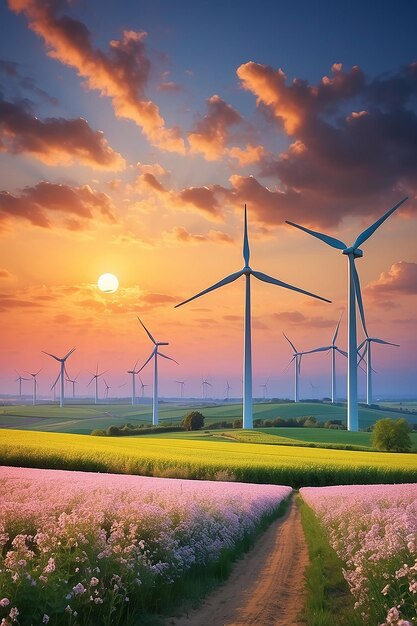 Turbinas eólicas sobre campos en flor al atardecer