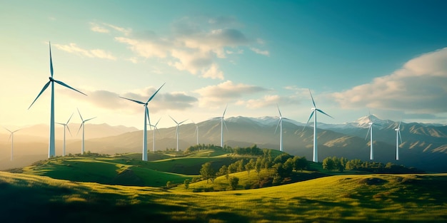 Turbinas eólicas en un telón de fondo de colinas onduladas que aprovechan la energía del viento para la generación de energía verde