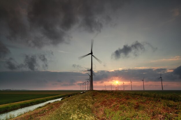 Turbinas de molino de viento al atardecer