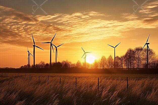 Turbinas de viento en un campo al atardecer