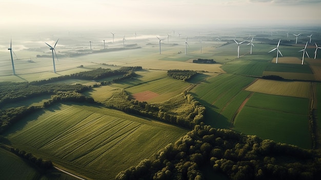 Turbinas de viento en un campo con un campo verde y árboles en el fondo