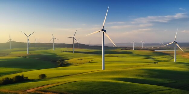 Turbinas de viento en un campo con la puesta de sol