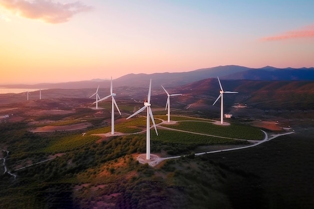 Turbinas de viento en una colina al atardecer con una puesta de sol en el fondo.