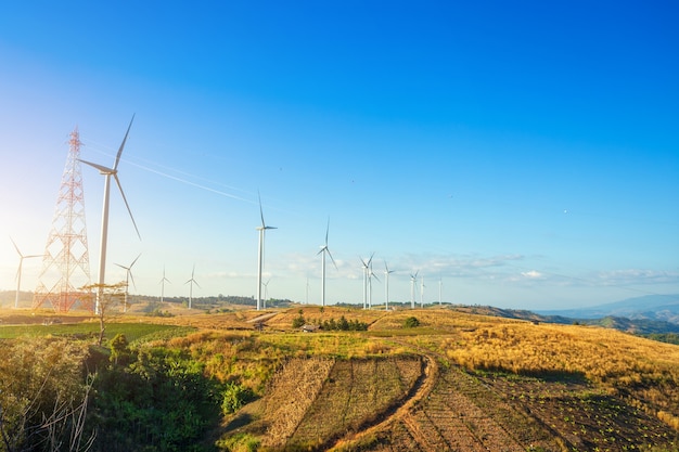 Las turbinas de viento en la colina en el khoo kho parquean, Tailandia. Energía limpia, energía de energía ecológica