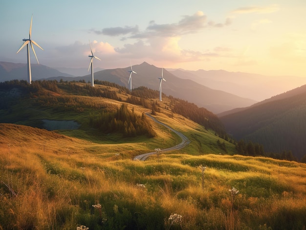 Turbinas de viento en una colina con una puesta de sol al fondo