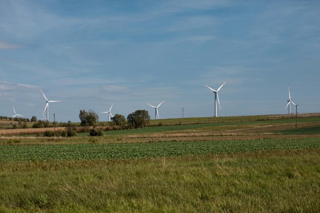 Turbinas de viento en colinas verdes Grupo de molinos de viento para la producción de energía eléctrica en el verde