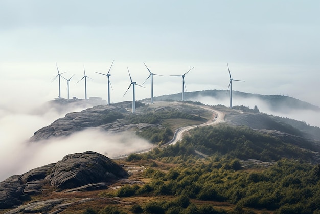 Turbinas de viento en la niebla