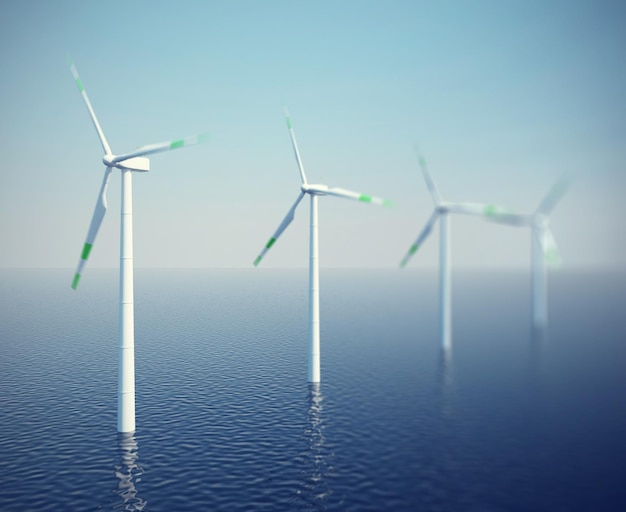 Turbinas de viento en el océano. 3d ilustración de alta resolución