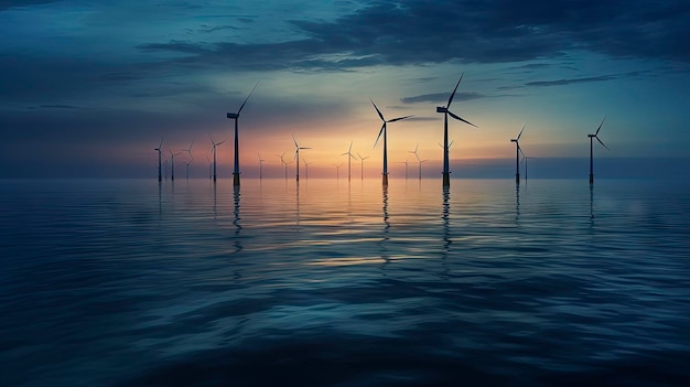 Turbinas de viento en el océano al atardecer