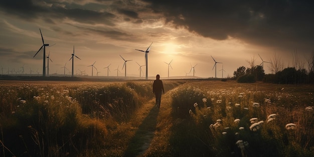 Las turbinas de viento son fuentes alternativas de electricidad el concepto de recursos sostenibles Personas en la comunidad con turbinas de generadores de viento Vista trasera renovable