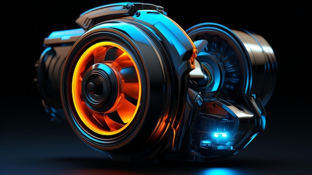 Turboalimentador futurista con acentos de azul neón y naranja contra un fondo elegante oscuro