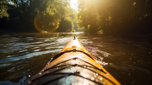 Foto turismo de descanso ativo caiaque flutuando no rio nos raios do sol ai gerado