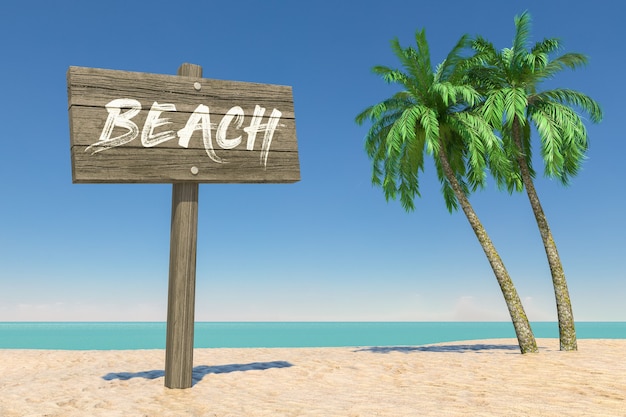 Turismo e conceito de viagens. Placa de direção de madeira com sinal de praia na praia do paraíso tropical com areia branca e coqueiros em um fundo de céu azul. Renderização 3D