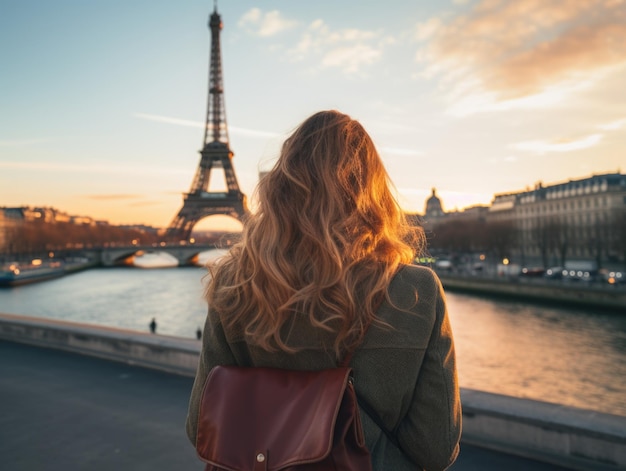 Turismo en París Francia Vista posterior de una joven visitando la ciudad de París con la Torre Eiffel