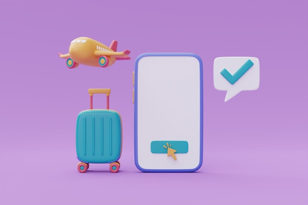 Turismo y plan de viaje para viajar en el teléfono inteligente con tiempo de avión para viajar renderizado 3d