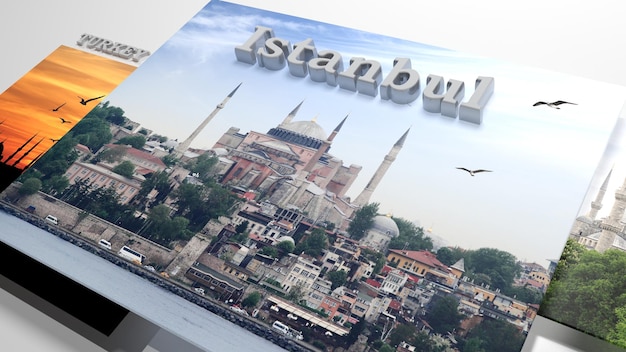 Turismo en Turquía en presentación de diapositivas como fotos y texto en 3D