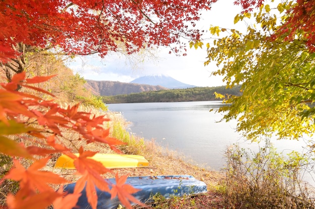 Foto turista admirando el monte fuji en otoño, japón