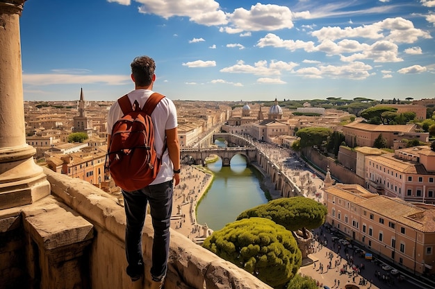 Turista admirando la vista de Rome39s desde Castel Sant39Angelo AI generativa