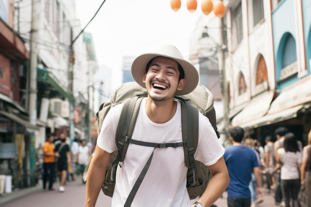 Turista americano en China con el telón de fondo de un mercado callejero