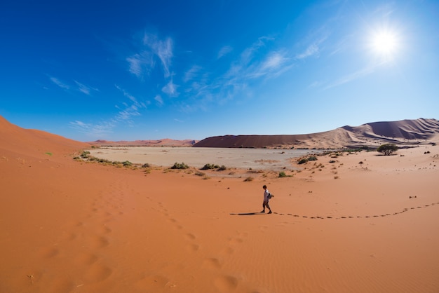 Turista andando nas dunas cênicas de sossusvlei