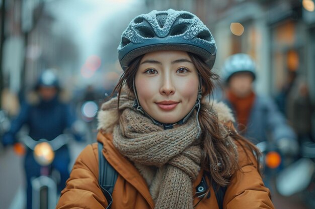 Turista asiático en bicicleta en una calle de Ámsterdam