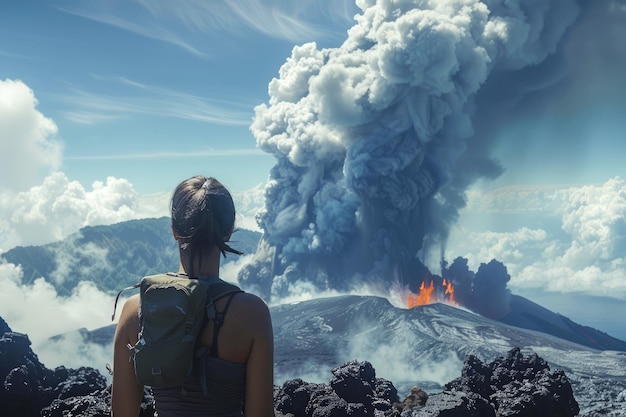 Foto un turista aventurero observa una dramática erupción volcánica con una nube de ceniza en una prístina montaña