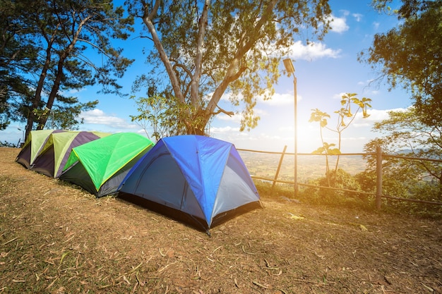 Turista en campamento de bosque entre prado en la montaña.