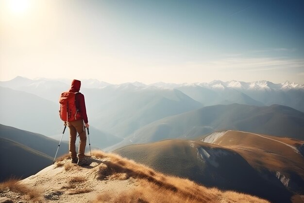 Turista en la cima de la montaña en un día soleado de verano Vida activa y concepto de ocio Red neuronal generada en mayo de 2023 No se basa en ninguna escena o patrón de persona real