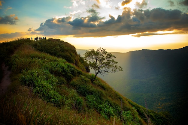 Turista en la cima de la montaña de phu tubberk tailandia contra la hermosa luz del sol