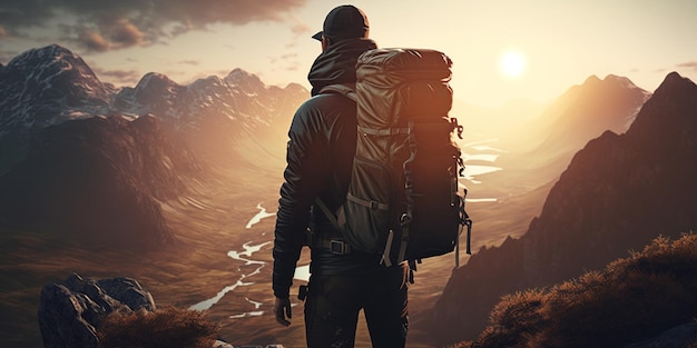 Turista de la cima de la montaña, los rayos del sol, el hombre, usa una mochila grande contra la vista posterior de la luz del sol