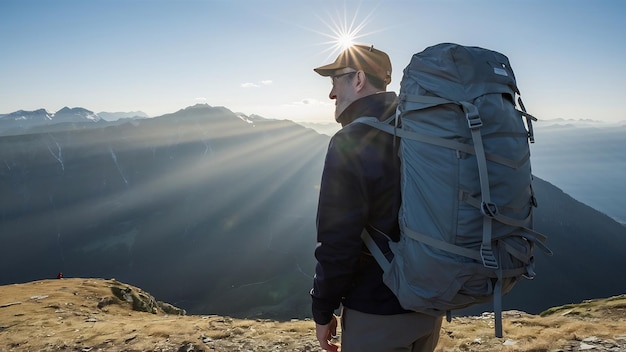 Turista de la cima de la montaña rayos de sol hombre usar mochila grande contra la luz del sol