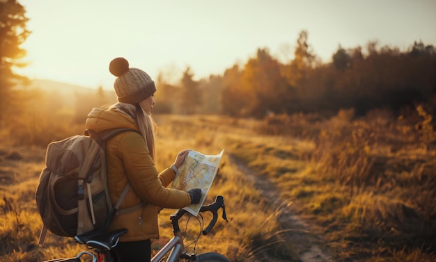 Foto turista com belas atrações turísticas viagem de estrada de bicicleta ecoturismo viagens generativas ai arte