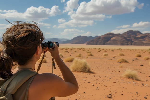Turista com binóculos observando a vida selvagem do deserto distante