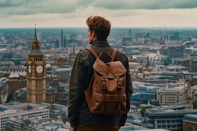 Turista com mochila olhando para o horizonte de Londres à distância