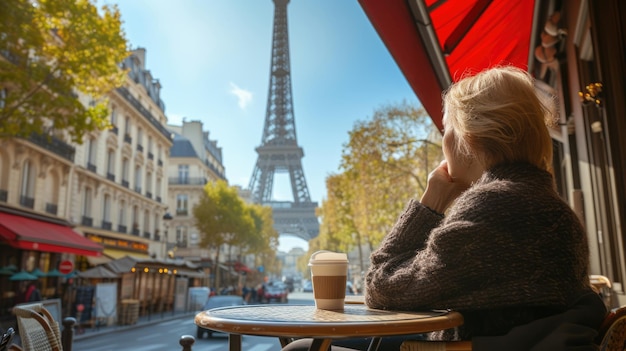 Foto turista cualificado sentado en una cafetería y mirando una atracción turística