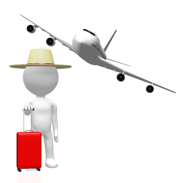 Turista de desenho animado com mala e ilustração 3D de avião a jato voador