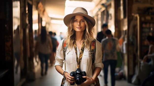 Turista de mulher com uma câmera