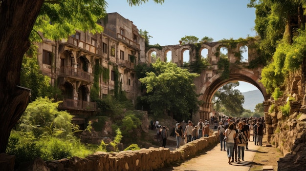 Turista de pessoas anda perto do aqueduto de Queretaro México