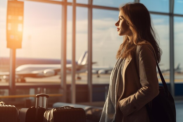 Foto turista de viagem de pé com bagagem assistindo ao pôr do sol na janela do aeroporto ai gerado