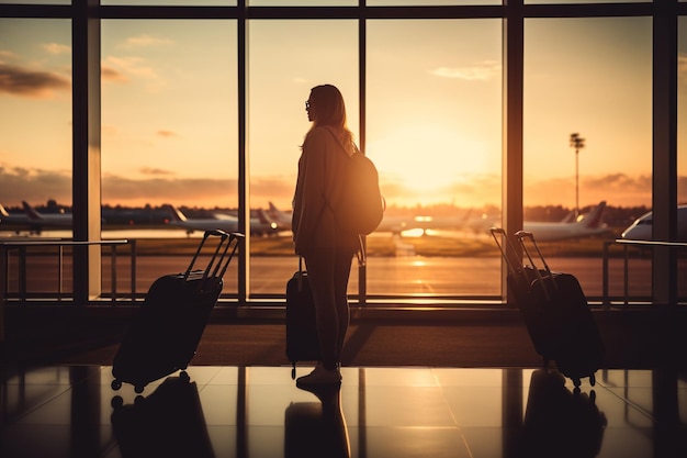 Foto turista de viagem de pé com bagagem vendo o pôr do sol na janela do aeroporto