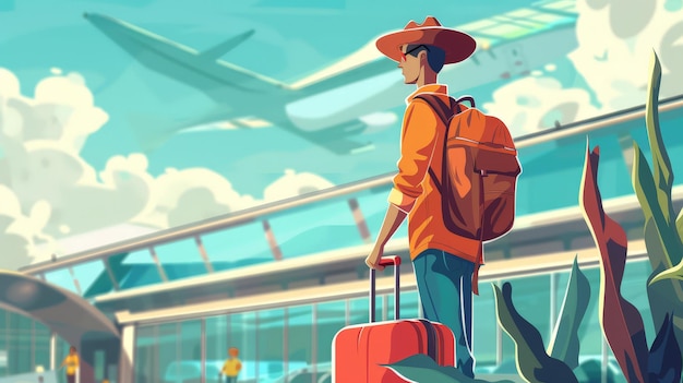 Un turista de dibujos animados espera ansiosamente su maleta de vuelo de turismo en la mano encarnando la emoción y la anticipación de embarcarse en un nuevo viaje a tierras lejanas