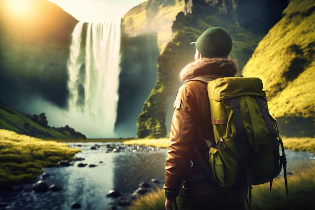 Turista disfrutando de la impresionante vista de la cascada de Skogafoss, una de las atracciones más populares de Islandia