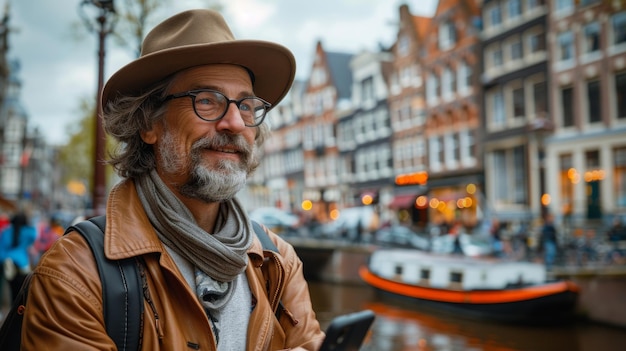Turista de edad avanzada feliz tomando una selfie en Ámsterdam con su teléfono