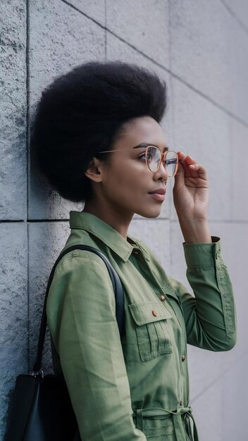 Turista elegante e bonita com pele escura e penteado afro com óculos de verificação nos olhos e